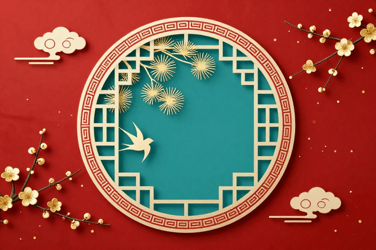 喜庆背景素材：红绸青窗松梅雅韵 传统节庆装饰背景