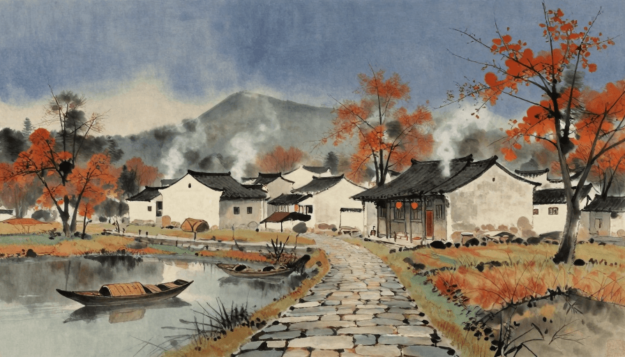 古建筑群素材：暮色炊烟染秋村，水墨小舟入画来