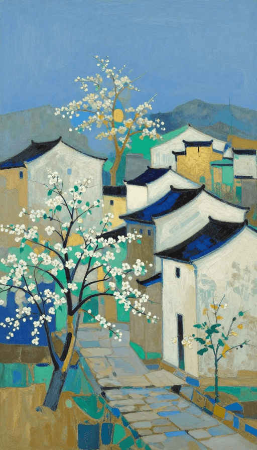 新工笔画素材：靛蓝土黄交织的乡村诗意抽象画
