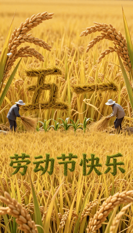节日宣传素材：金秋稻田‘五一’祝福：劳动节丰收颂歌