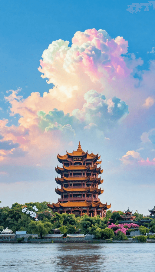 黄鹤楼素材：七彩祥云映黄鹤楼：古韵山水画卷