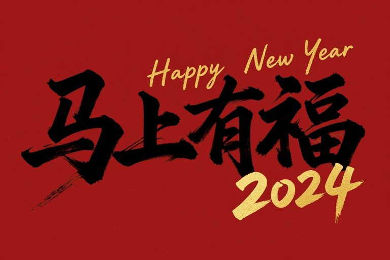 文化寓意素材：春节书法海报：‘马上有福’金色英文点缀，喜庆中式美学