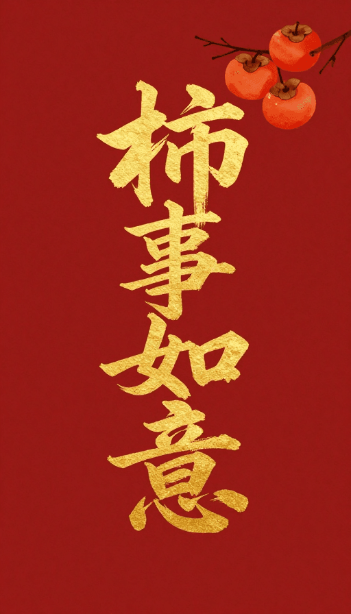 极简艺术素材：金箔毛笔'柿事如意'文字插画：红色极简背景下的传统祈福艺术