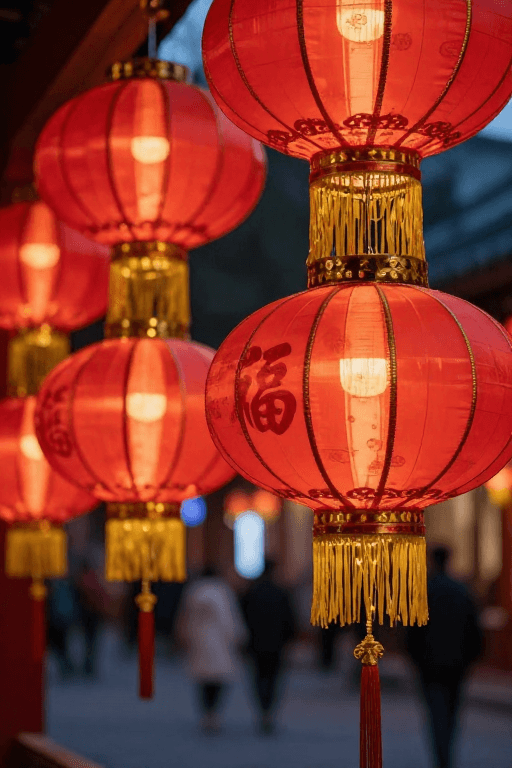 浅景深构图素材：红绸灯串‘福’字暖光映街景