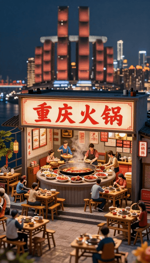 高清展示素材：重庆火锅巨幕海报：微缩夜景与美食盛宴