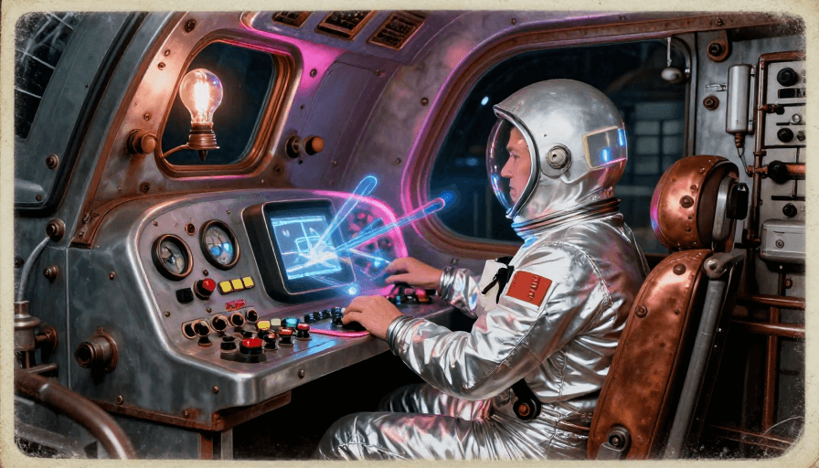 霓虹灯光素材：蒸汽机车变宇宙飞船：怀旧科幻控制室