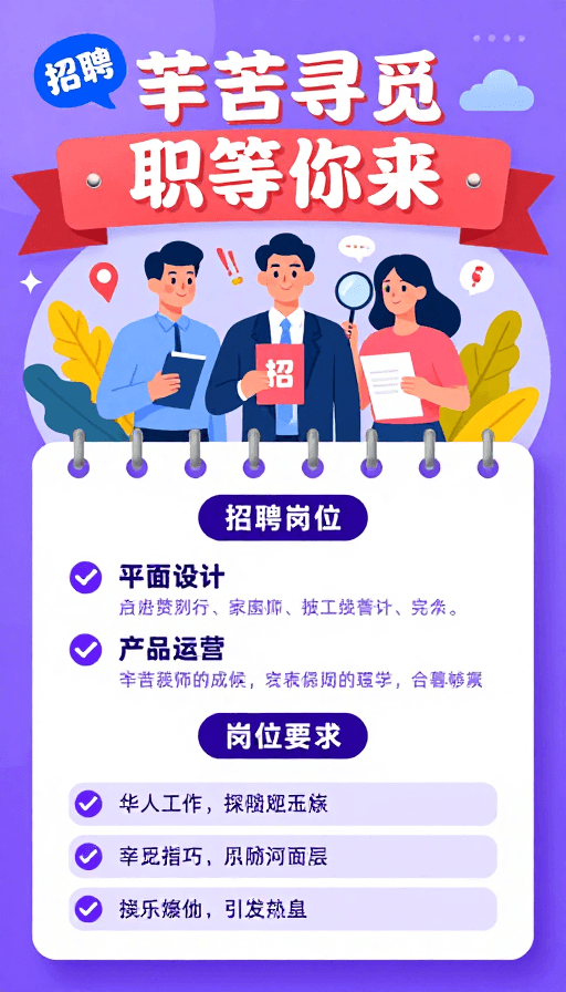 紫蓝渐变素材：紫色渐变招聘海报插画，职等你来！