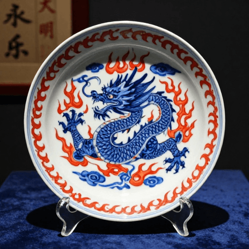传统工艺素材：青花龙纹瓷盘：古典光影下的东方艺术瑰宝