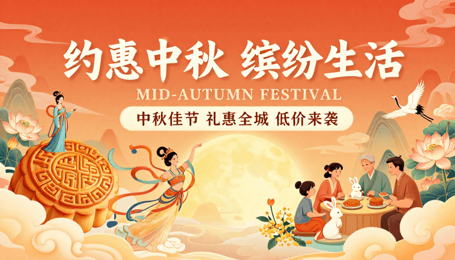 传统与现代融合素材：中国风中秋促销海报：暖橙插画献礼缤纷生活