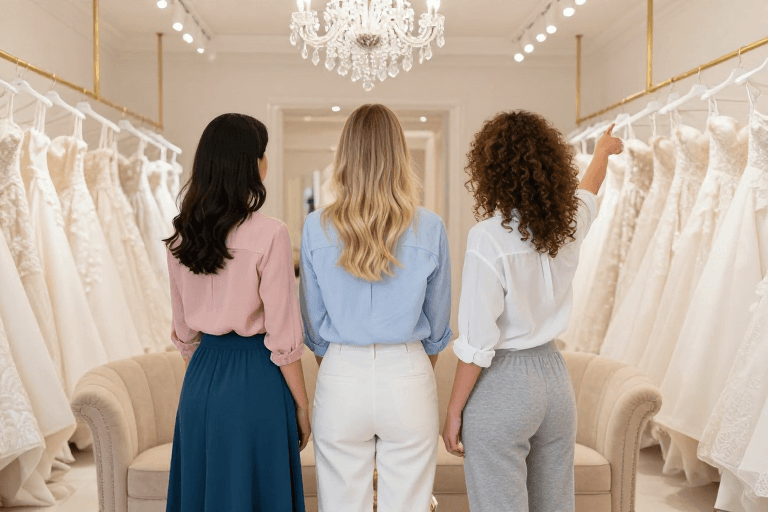 室内场景素材：优雅婚纱店：三位女性展示专业服务