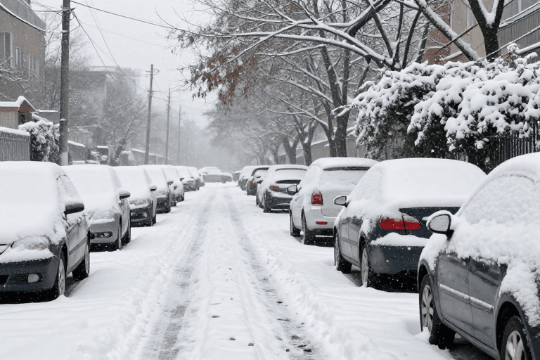城市生活素材：冬日雪景：静谧街道与冷色调光影