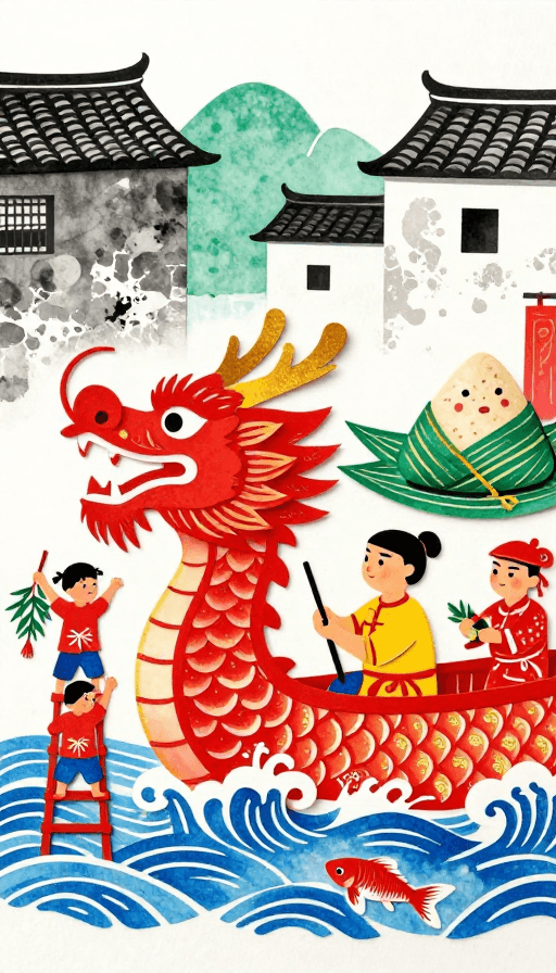 传统绘画素材：民俗剪纸与农民画融合的端午龙舟艺术插画