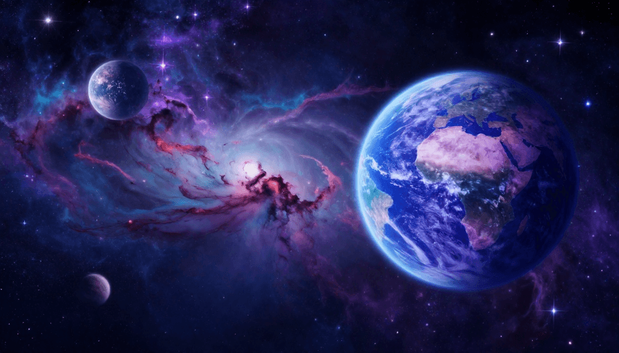 透明质感素材：深空星云宇宙：紫蓝渐变与多行星的梦幻场景