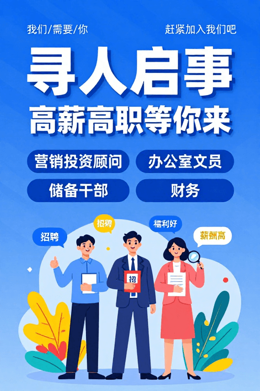 商业插画素材：现代商务招聘宣传图：高薪职位等你来