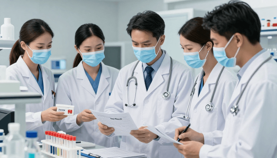 商业摄影素材：四医护探秘实验室：严谨科研与科技融合