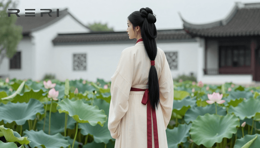 高清人像素材：古韵新生：汉服女子于荷塘边的冷调摄影