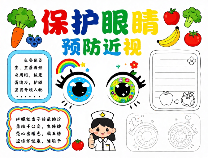 涂色线稿素材：童趣卡通护眼海报：预防近视知识宣传