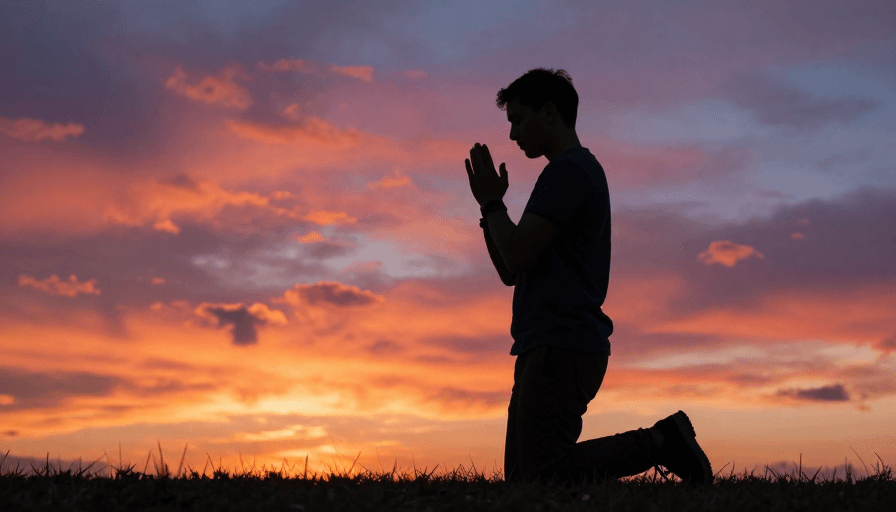 日落素材：祈愿时刻：剪影中祈祷者的宁静夕阳