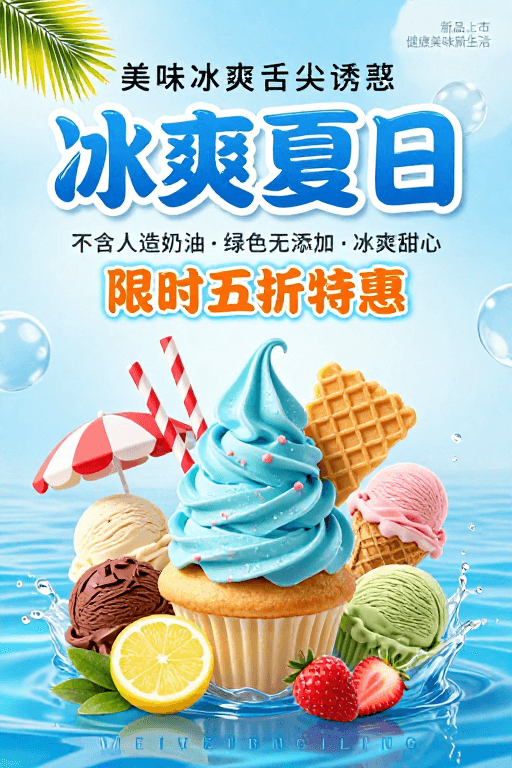 高饱和度色彩素材：夏日清凉冰淇淋促销海报：冰爽美味视觉盛宴