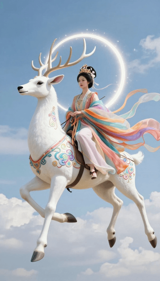 写实摄影素材：七彩神鹿载仙女飞天：写实国风美照