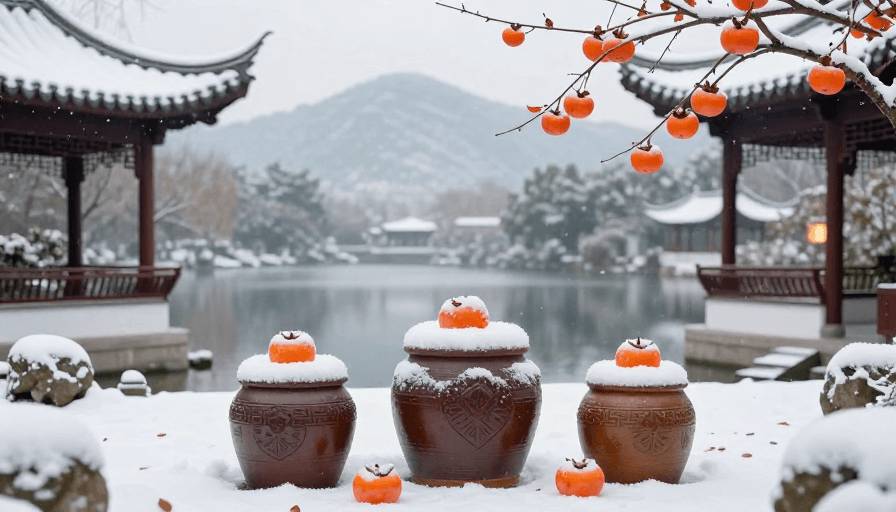 传统纹样素材：中式雪景庭院：陶罐柿子映飞檐