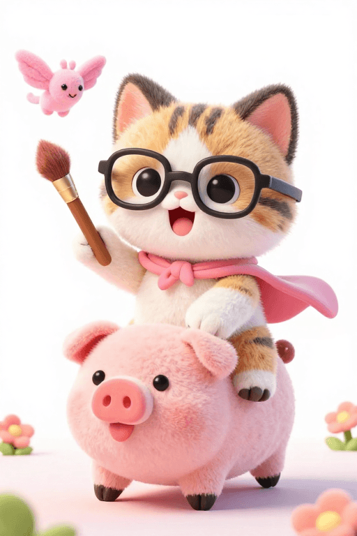 毛绒材质素材：萌趣粉豹：魔法小猫与精灵的3D梦幻时刻