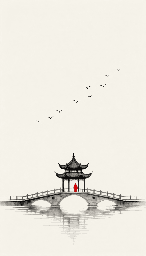 飞鸟意象素材：极简中国风：亭台流水与飞鸟的东方意境