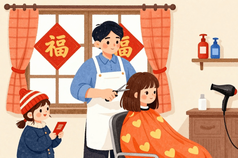暖色调水彩素材：温暖水彩理发时光：福字春联点缀的亲子互动插画