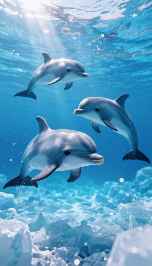 梦幻风格素材：梦幻冰蓝海底世界：海豚阳光嬉戏动态图