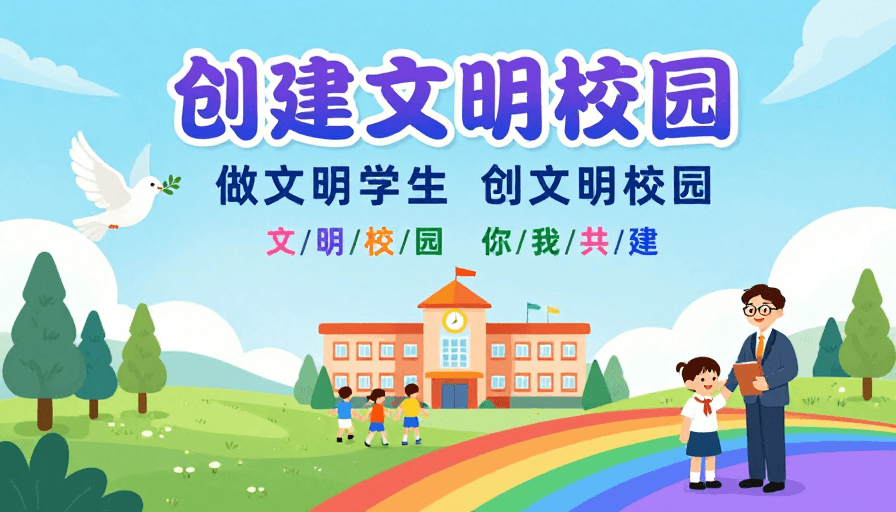 卡通设计素材：清新明快文明校园宣传插画