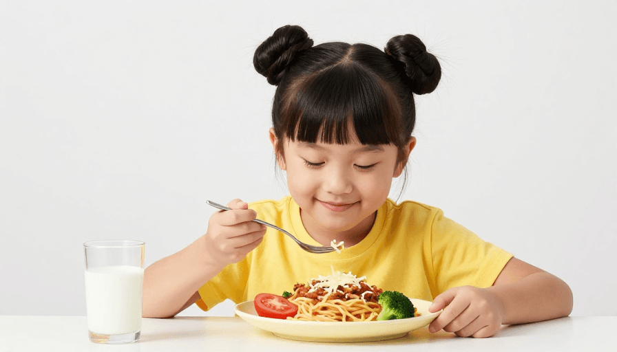 亚洲女童素材：亚洲女童微笑享用的营养意面盛宴