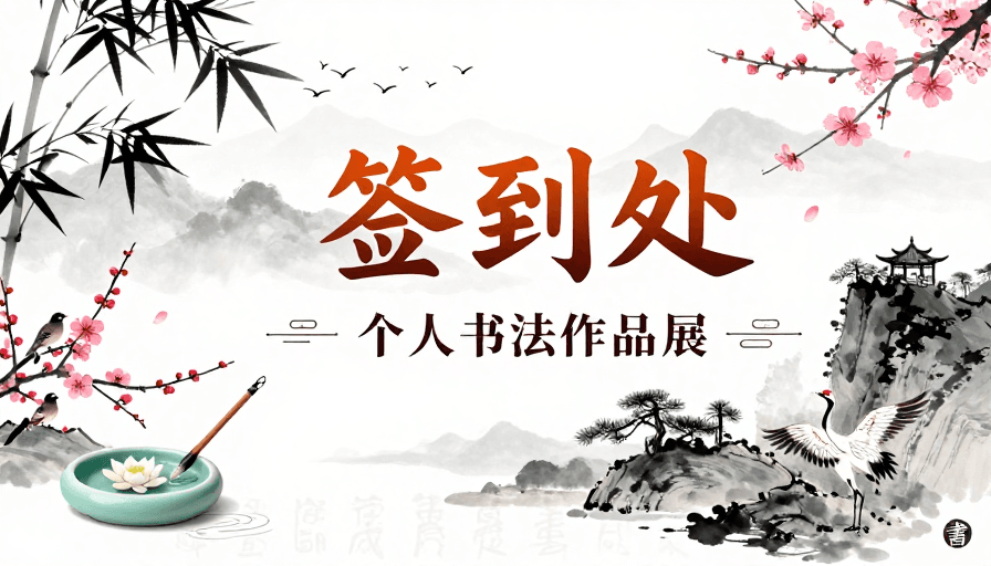 书法艺术素材：水墨书法签到处海报：清雅传统艺术风采