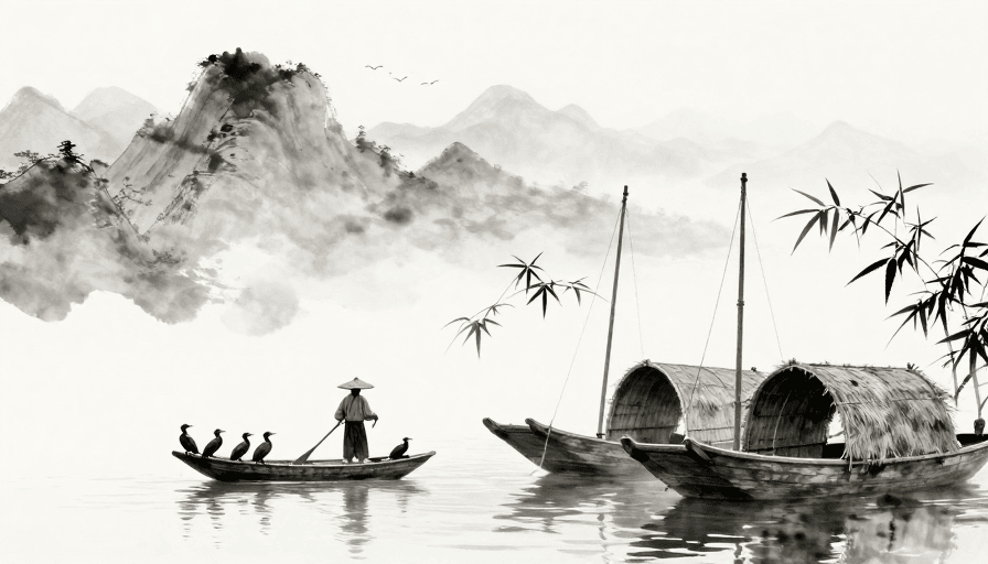 水墨山水素材：水墨意境：斗笠渔夫与鸬鹚的静谧山水画卷