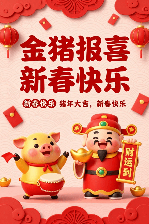 春节元素素材：喜庆中国风新年海报：金猪财神共庆新春