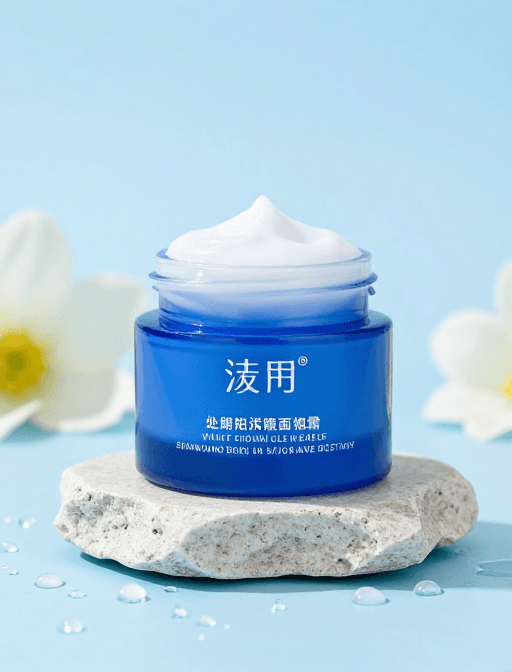 化妆品摄影素材：蓝色面霜水滴绽放，专业产品展示