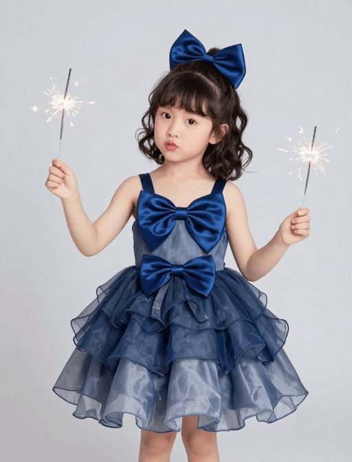 活力少女素材：活力十足的生日女孩：蓝蝶结与烟花绽放的童真瞬间