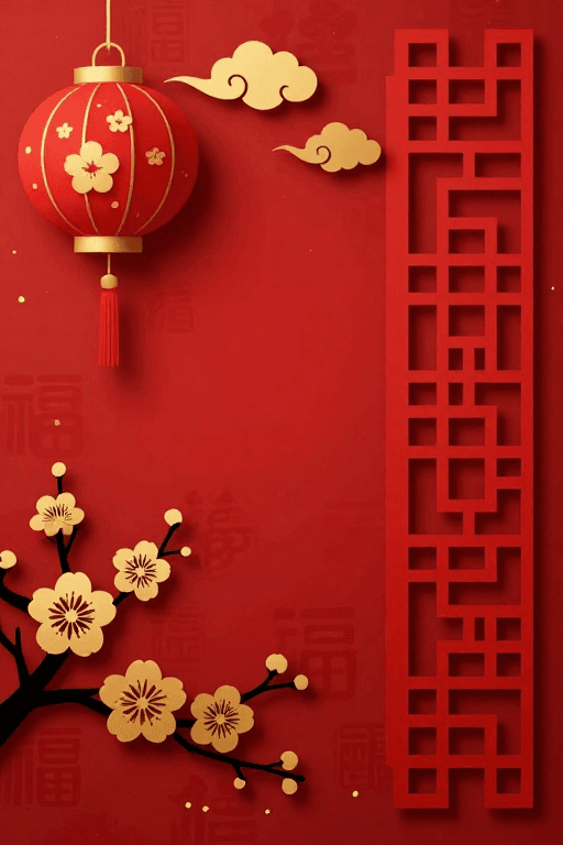古风装饰素材：中国红剪纸风喜庆背景图，宫灯梅花点缀