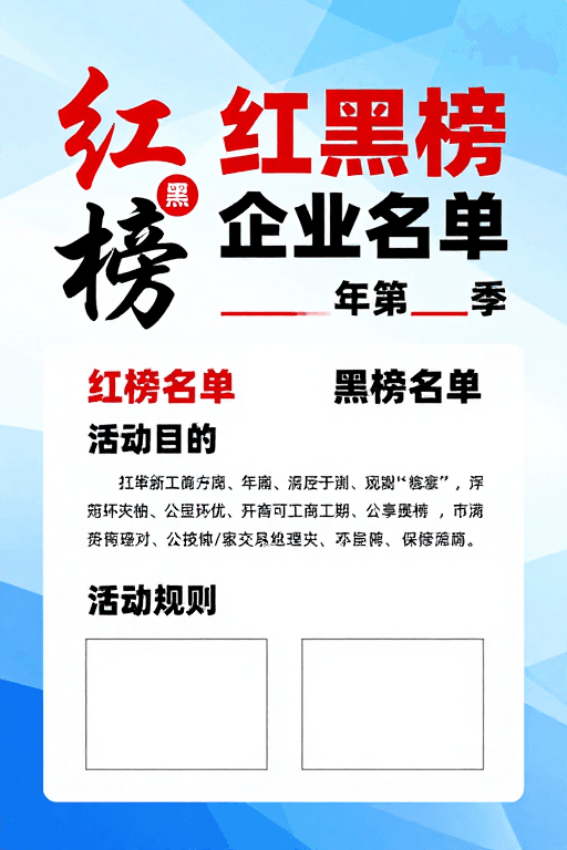 几何抽象素材：红黑榜企业公示海报：蓝白渐变背景下的权威名单展示