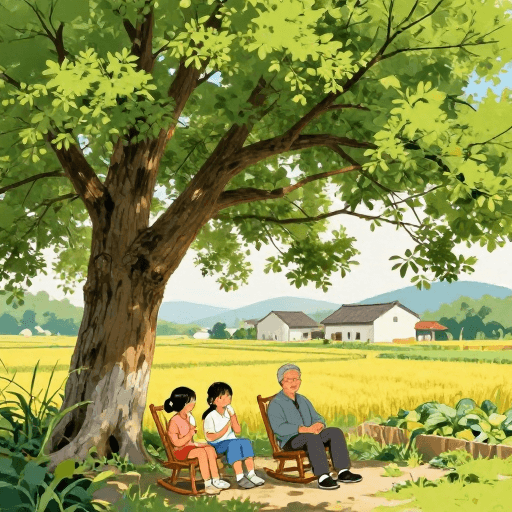 香樟树荫素材：治愈乡村时光：高饱和香樟树下温馨家庭插画