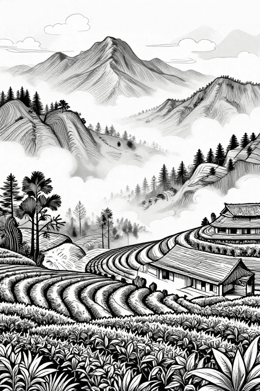 刀刻线条画素材：刀刻线条勾勒南本老寨茶林云雾画卷