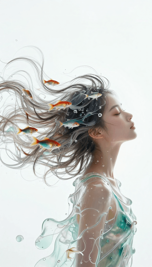 超现实主义素材：超现实流体少女：透明发丝中游动的梦幻小鱼