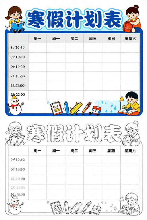 时间管理素材：童趣寒假计划：卡通时间轴与学习安排表