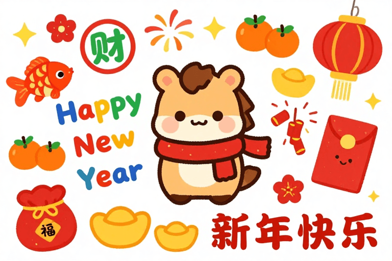 新年祝福素材：喜庆卡通小马春节插画
