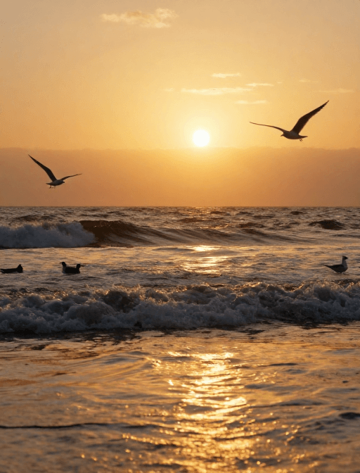 夕阳海滩：海鸥伴浪的8K电影画面