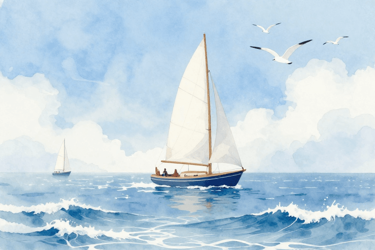 清新氛围素材：清新海景水彩插画：帆船破浪远航