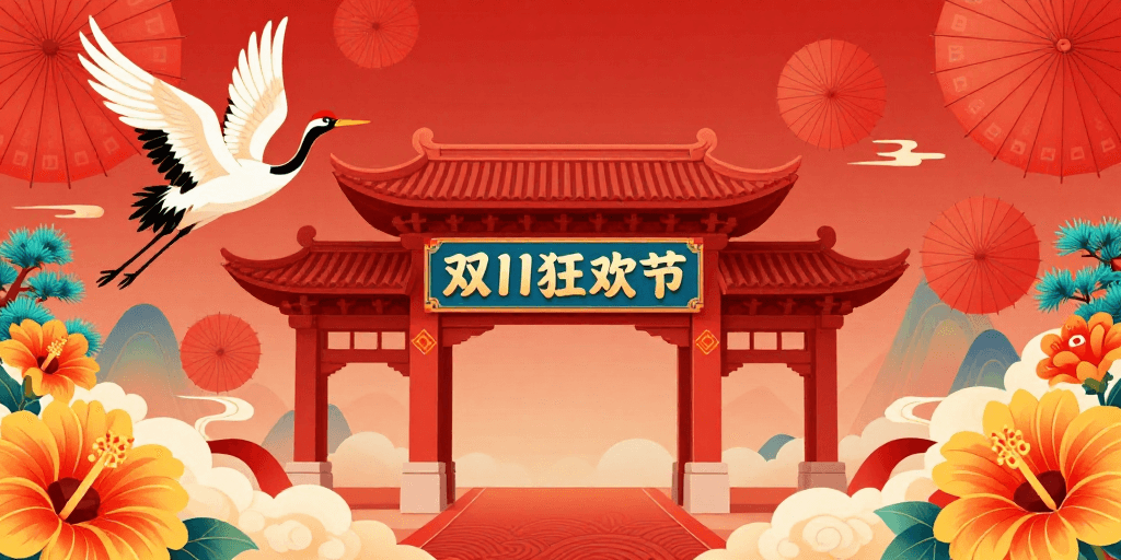 吉祥元素素材：中国风暖红双11喜庆插画