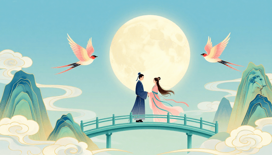 传统文化元素素材：月下携手：中国风清雅插画
