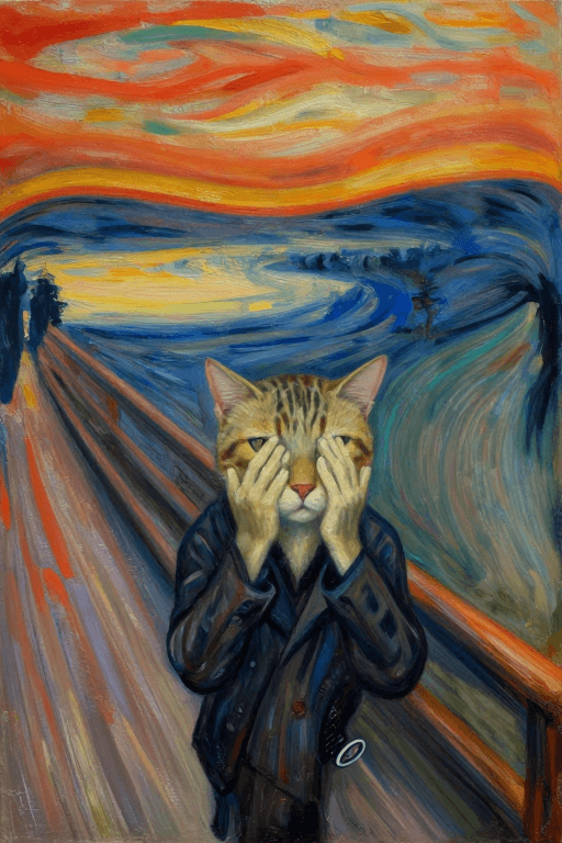 超现实主义绘画素材：猫咪取代《呐喊》人物：荒诞压抑的艺术表达