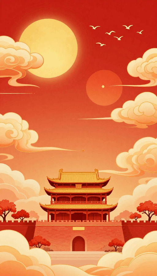 红金渐变素材：中国红金橙祥云楼阁吉祥图