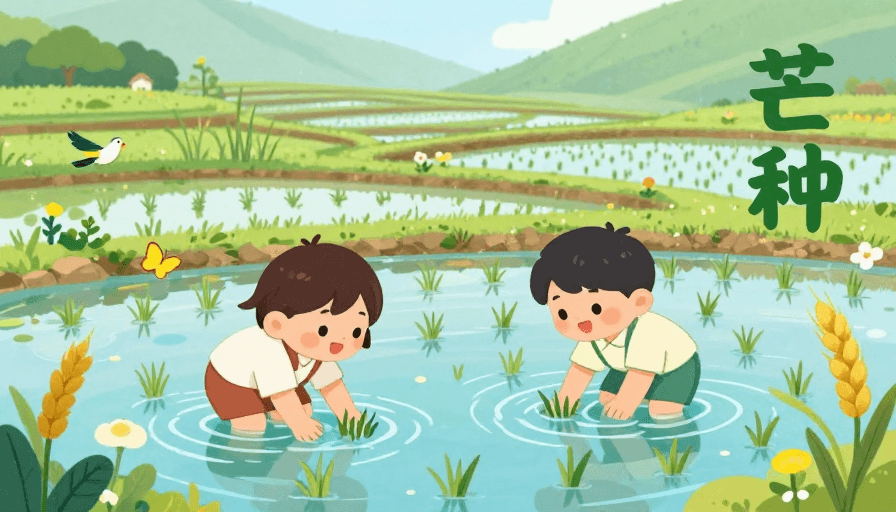 卡通插画素材：萌趣插秧：卡通童趣的芒种节气海报